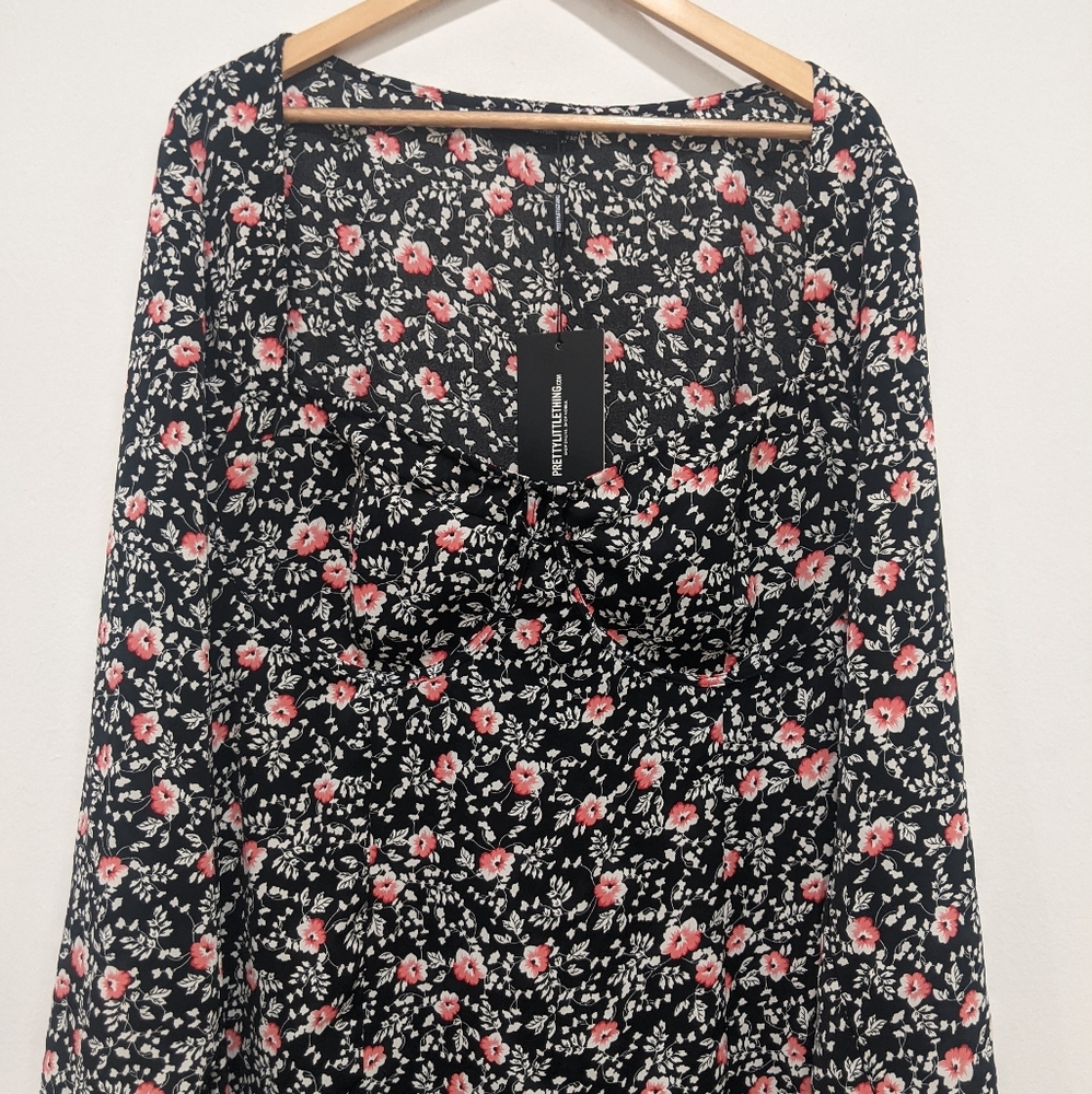 PrettyLittleThing Plus Black Floral Print Cupped Split Detail Midi Dress - Picture 6 of 14